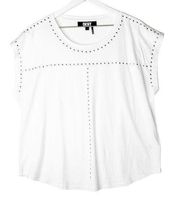 DKNY White Scoop Neck Studded T-Shirt Pullover Top Silver Studs Lightweight L