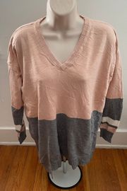 Colorblock Pink Gray Asymmetric Hem Oversized B-neck Sweater, size M