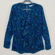 New York & Company Blouse Ruffle Neck Black Teal Floral Print Sz M High Neck