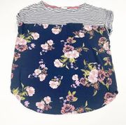 Mason & Belle Women's Floral Cuffed Short Sleeve Top Dark Navy Size Medium