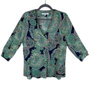 Rose + Olive Multicolor Paisley Print V-Neck 3/4 Sleeve Semi-Sheer Blouse Size L