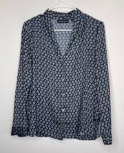 Something Navy Blue Silky Geometric Print Casual Button Up Shirt Top