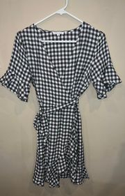 Boutique Black And White Gingham Ruffle High-Low Wrap Dress