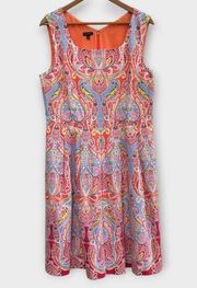 Talbots Paisley Pleated Dress Square Neck Sleeveless Fit & Flare Lined Size 14
