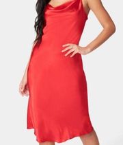 Bebe Satin Cowl Neck slip Midi Bodycon Shaping Silky Dress Red Sz M