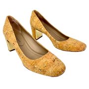 Donald Pliner Corin natural platino distressed metallic cork block heel pumps