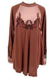 Free People  Boho Embroidered Mesh Mock-Neck Blouse Top Brown size Medium