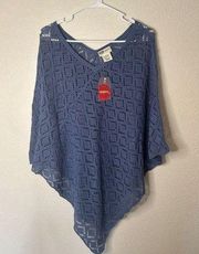 Faded Glory Women One Size OS Blue Knit Crochet Poncho indie boho hippie Detail