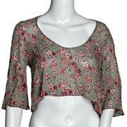 Reformation Shirt Womens Small Green Pink Floral Flower Crop Blouse Bell Sleeve