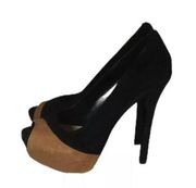 H by Halston Black Camel Brown Leather Peep Toe High Heel Stiletto Pumps Sz 8.5