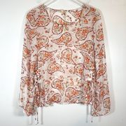 NWT Mystree White Pink Paisley Boho Long Sleeve Side Tie Flowy Blouse Size S