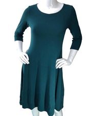 Eileen Fisher Size XS Fit and Flare Dress Teal Jersey Knit Stretch 3/4 Sleeve