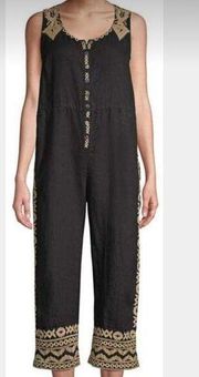 Johnny Was Tracy Easy Embroidered Crop Linen Black Gold Jumpsuit Women’s Large