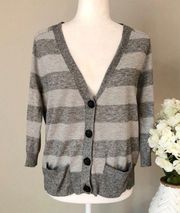 3/4 Sleeve Button Front VNeck Striped Cardigan Grey Size XS