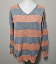 Hem & Thread Apricot & Gray Striped Criss Cross Back Vneck Sweater Size M/L
