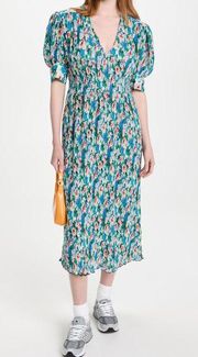 GANNI Pleated Georgette Blue Multicolor Floral Puff Sleeve Midi Dress Size 42