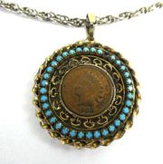 1903 Indian Head Wheat Wheatie Penny Filigree Turquoise Vintage Pendant Necklace