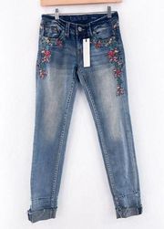 NEW Grace in LA Floral Embroidered Low Rise Skinny Jeans 25 Distressed Cowgirl