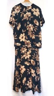 VINTAGE 90’s JONES NEW YORK Silk Floral Black Brown Tan Two Piece Midi Skirt Set