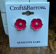 Croft & Barrow Polished Silver Tone Pink Flower Stud Earrings.