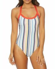 New! SPLENDID Women's Gray Malin Collab Stripe One-Piece Swimsuit Bathing Suit