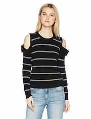 Black White Eloisa Striped Ruffle Cold Shoulder Sweater in a size Small