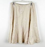 LAFAYETTE 148 Cream 100% Linen Beaded Embellished Lined Pleated Skirt, Size 10