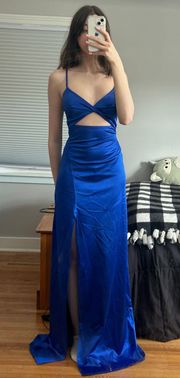 cutout blue satin prom dress