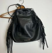Victoria's Secret Black Faux Leather Fringe Backpack -