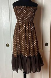 Y2K RETRO STRAPLESS TUBE BROWN POLKA DOT MIDI DRESS