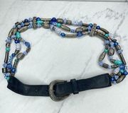 The Limited Vintage Blue Beaded Genuine Leather Belt Size Large L Womens