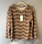 Dylan Faux Fur Brown & Tan Chevron Stripe Vintage Drop Shoulder Pullover XS NWT