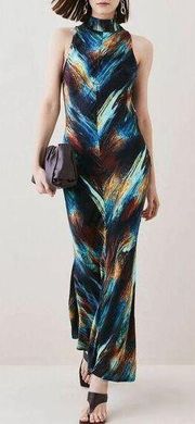 Karen millen NWT Marble Viscose Satin High Neck Maxi Dress size 12