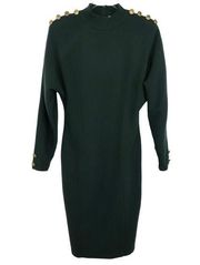 1980s Vintage Pappagollo Emerald Green Knit Sweater Dress Sailor Buttons Medium