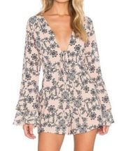 FOR LOVE & LEMONS Romper Orange Floral Pia Romper Long Sleeve Bell Sleeve XS