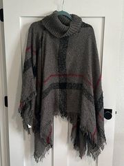 Ellie Kate Women's OS Turtleneck Blanket Poncho Gray Red Plaid Fringe Sweater