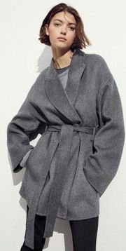 H&M Wool Coat Size M Premium Selection Wrap Grey Modern Belted Oversized Knit​