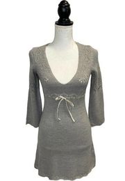 Decree 3/4 Sleeve V-Neck Sweater Dress Light Gray Small