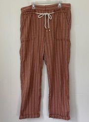 Anthropologie Brown Stripe Linen Cotton Elastic Waist Pull On Pants ~ Size M