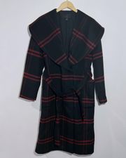 New  Plaid Wool Blend Shawl Collar Wrap Coat Size Small