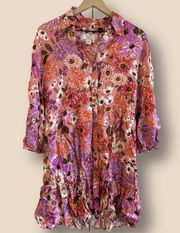 Rachel Parcell Fit & Flare Tiered Hem Floral Pink Botanical Shirt Dress Size 12