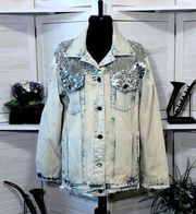 NWT L & B acid washed vintage style distressed silver sequins jeans jacket sz S