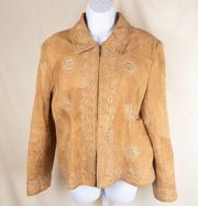 Papillon LA Camel Tan Suede Leather Embroidered Jacket Large