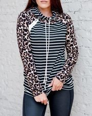 Andthewhy Leopard Print and Stripes Hoodie Shirt Size Small