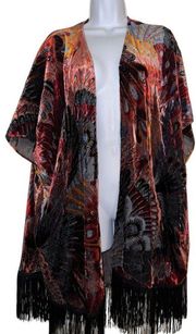 BLACK RAINN Women’s One Size Boho PEACOCK Open Front Kimono Shawl Cover Up M/ L