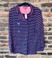 NWT Merona Navy Blue Pink Striped Double Breasted Knit Jacket Women's Size XL