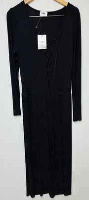 LNA Kalaya Ribbed Knit Lace up Jumpsuit Long Sleeve Fitted Black 1X