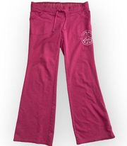 NoBo hot pink peace sweatpants, small flared leg yoga cut drawstring sweats