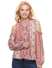 Womens  Cold Shoulder Geometric Boho Print Top - Sz S