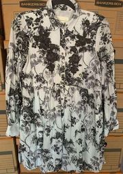 Anthropologie Floral Mini Dress-White/Grey Long Sleeve Collared Sz 2 EUC Womens